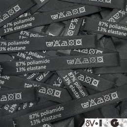 Этикетка состава атласная 10x90мм 87% poliamide 13% elastane черный серебро (100 штук)