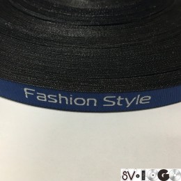 Этикетка жаккардовая вышитая лента Fashion Style 10мм синяя белые буквы (100 метров)