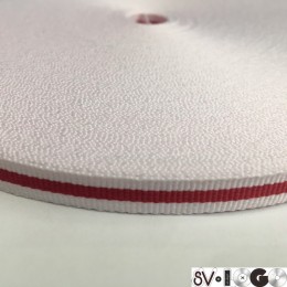 Тесьма репсовая производство 10мм белая 1п красная (50 метров)